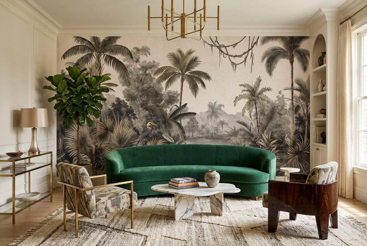 Jade Gray Botanical Tropical Rainforest Wallpaper Mural scene image