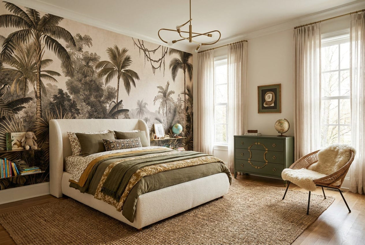 Jade Gray Botanical Tropical Rainforest Wallpaper Mural scene image