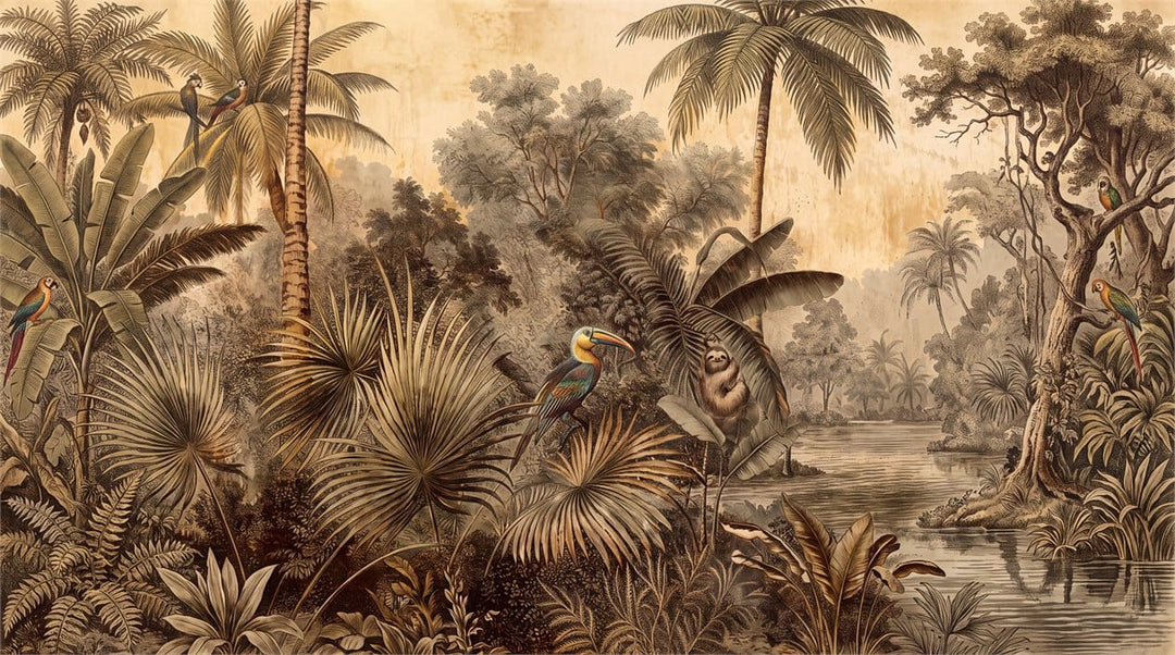 Warm Tan Botanical Tropical Rainforest Wallpaper Mural scene image