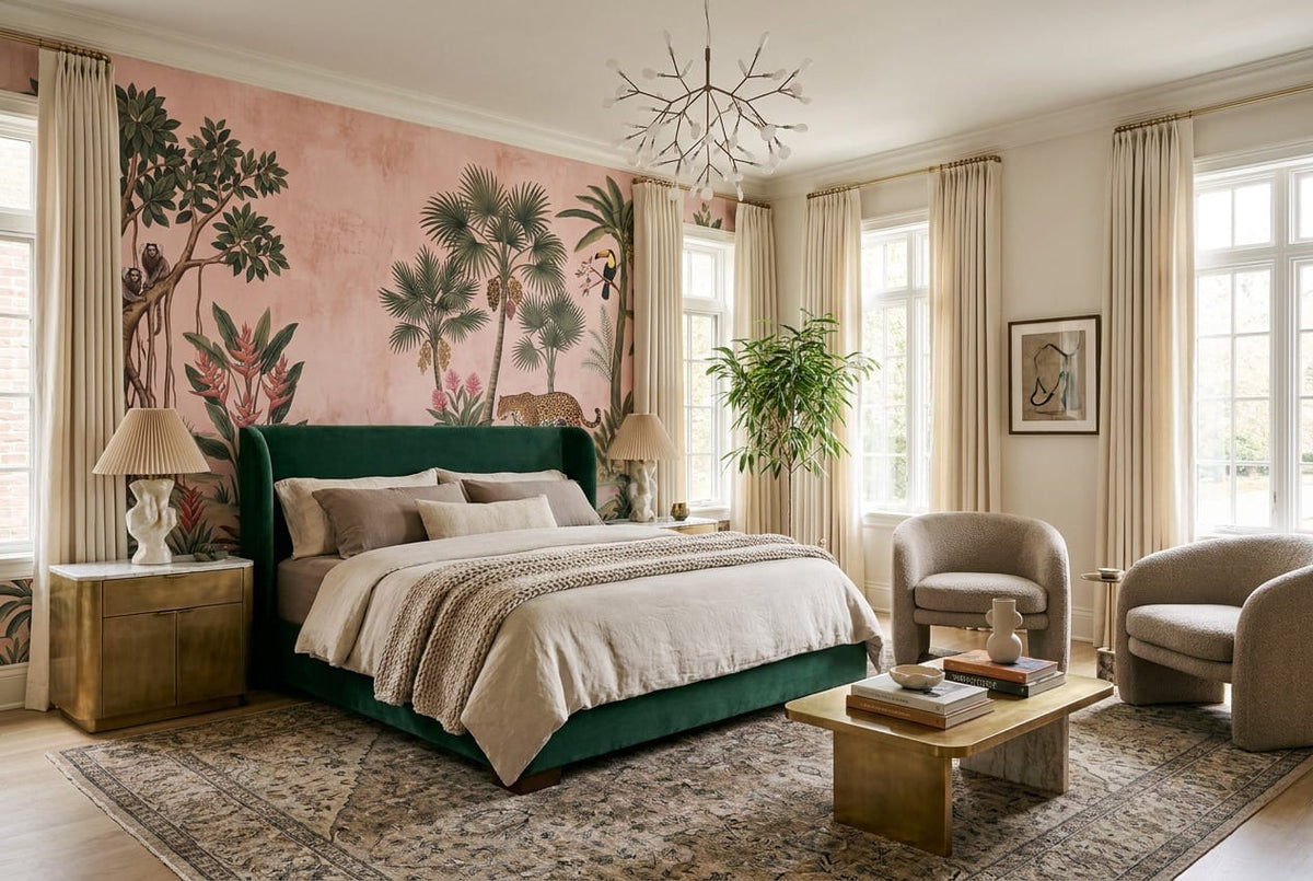 Pink Green Botanical Tropical Rainforest Wallpaper Mural scene image