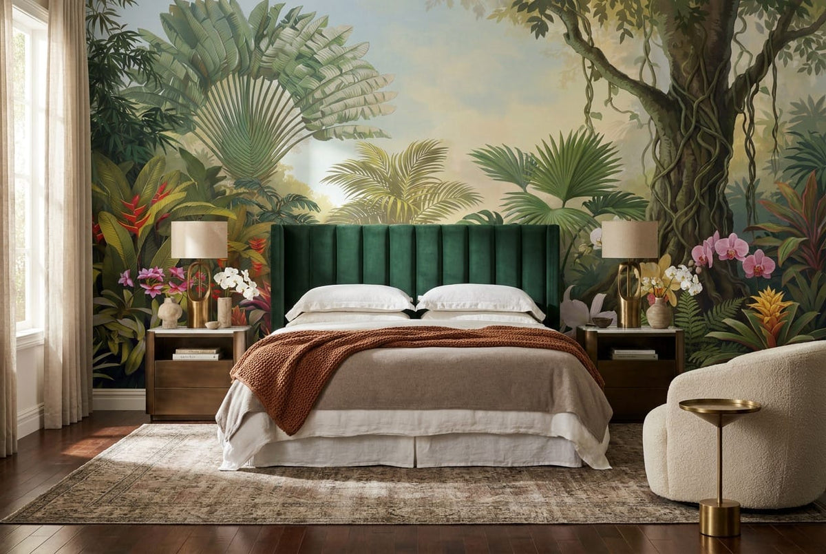 Sage Green Botanical Tropical Rainforest Wallpaper Mural scene image