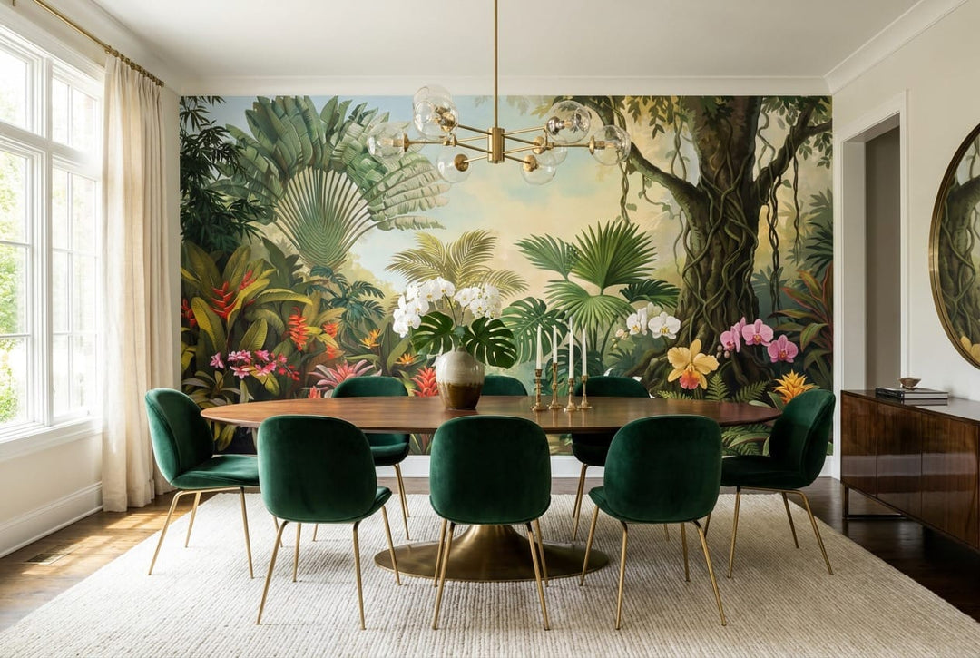 Sage Green Botanical Tropical Rainforest Wallpaper Mural scene image