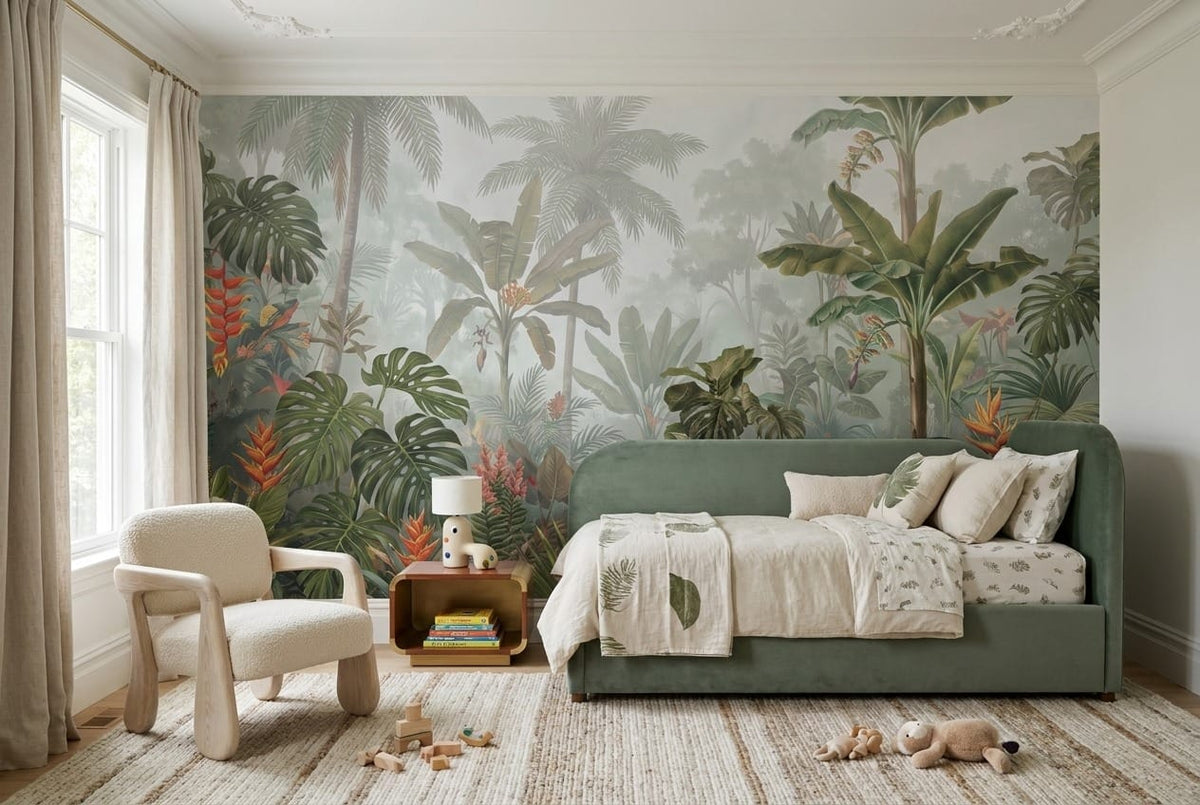 Sage Green Botanical Tropical Rainforest Wallpaper Mural scene image
