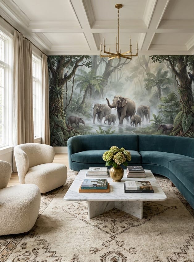 Teal Botanical Tropical Rainforest Wallpaper Mural scene image