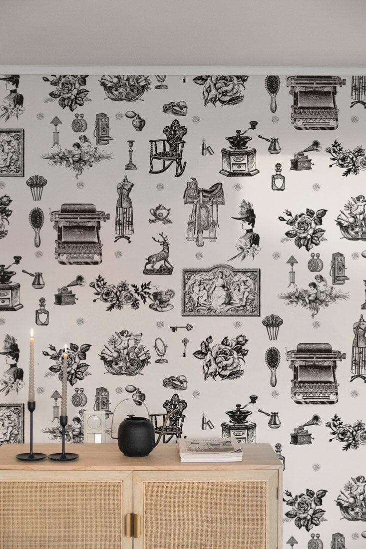 Vintage Monochrome Toile Wallpaper, antique black and white design, displayed in a living room.