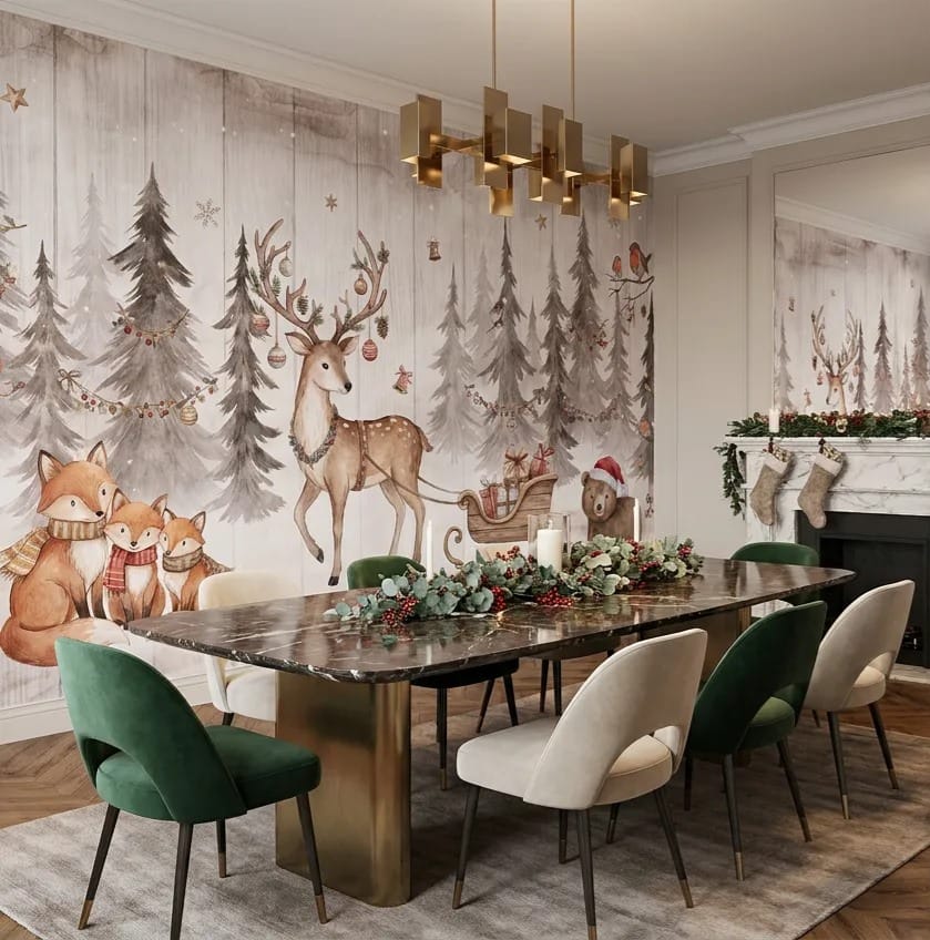 Cool Red Landscape Nordic Winter Forest Wallpaper Mural in red