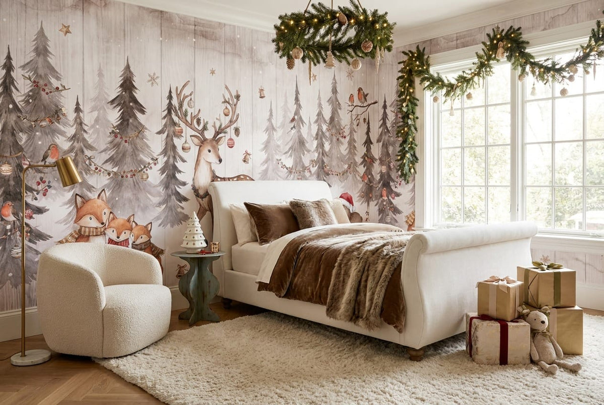 Cool Red Landscape Nordic Winter Forest Wallpaper Mural in red