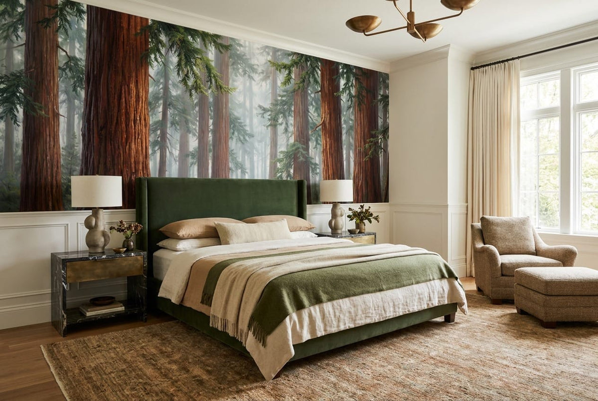 Foggy Ancient Redwood Woodland Wallpaper Mural in redwood