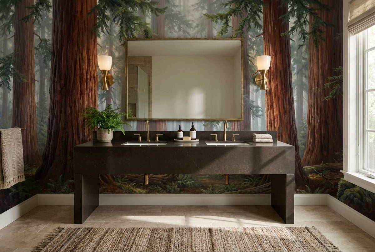 Foggy Ancient Redwood Woodland Wallpaper Mural in redwood
