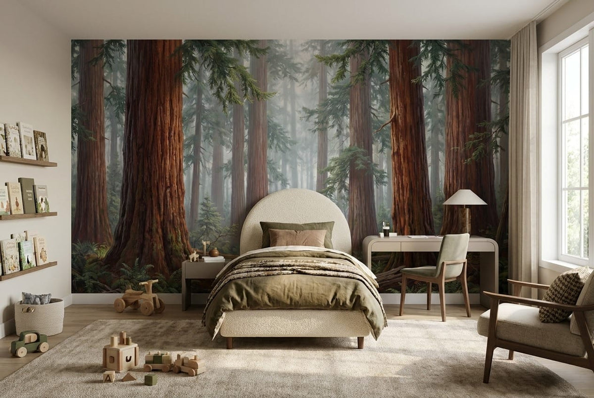 Foggy Ancient Redwood Woodland Wallpaper Mural in redwood