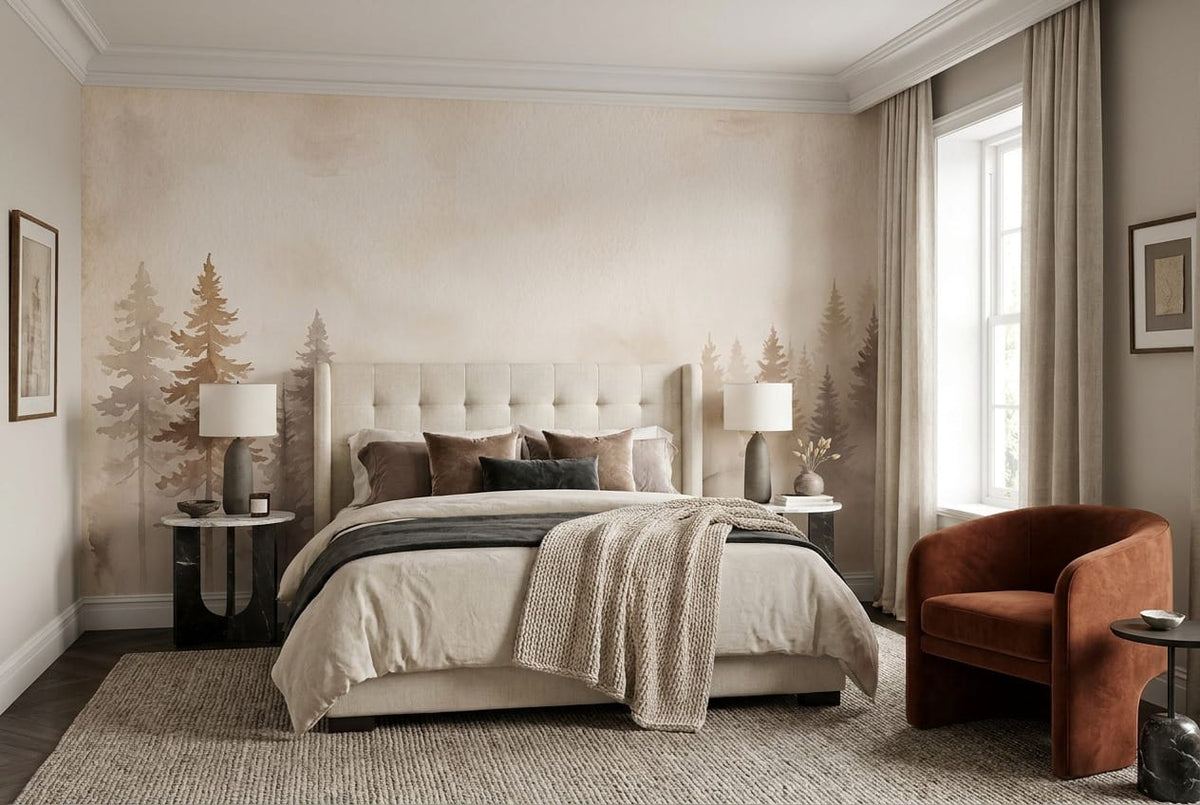 Warm Beige Watercolor Nordic Misty Forest Wallpaper Mural scene image