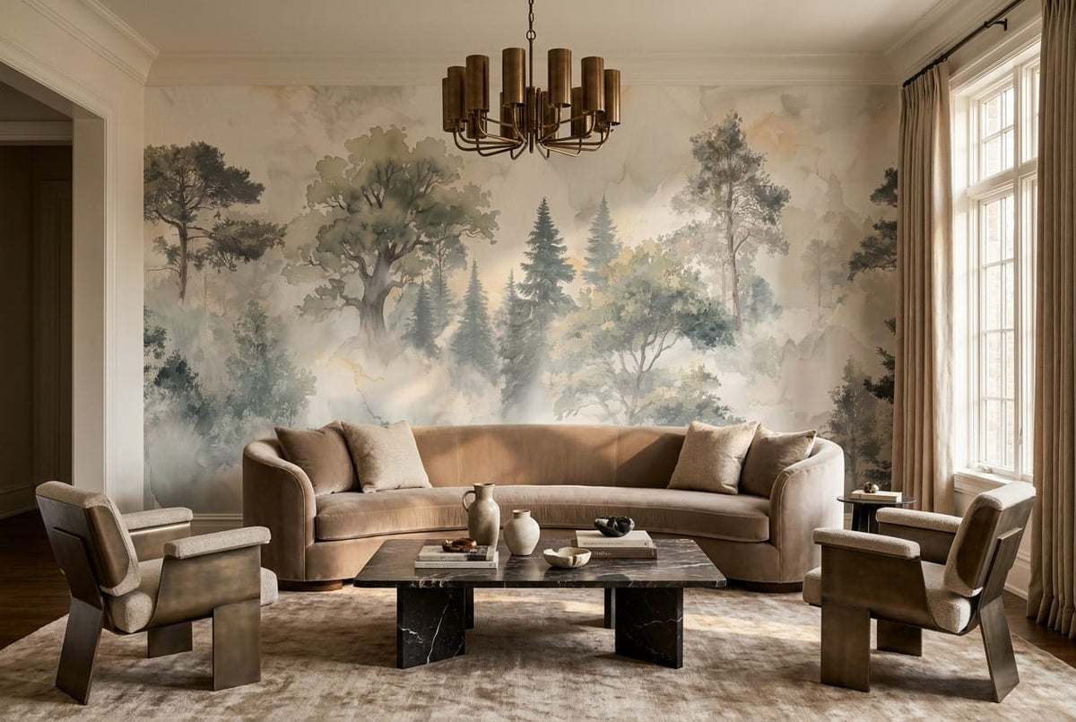 Soft Beige Watercolor Nordic Misty Forest Wallpaper Mural scene image