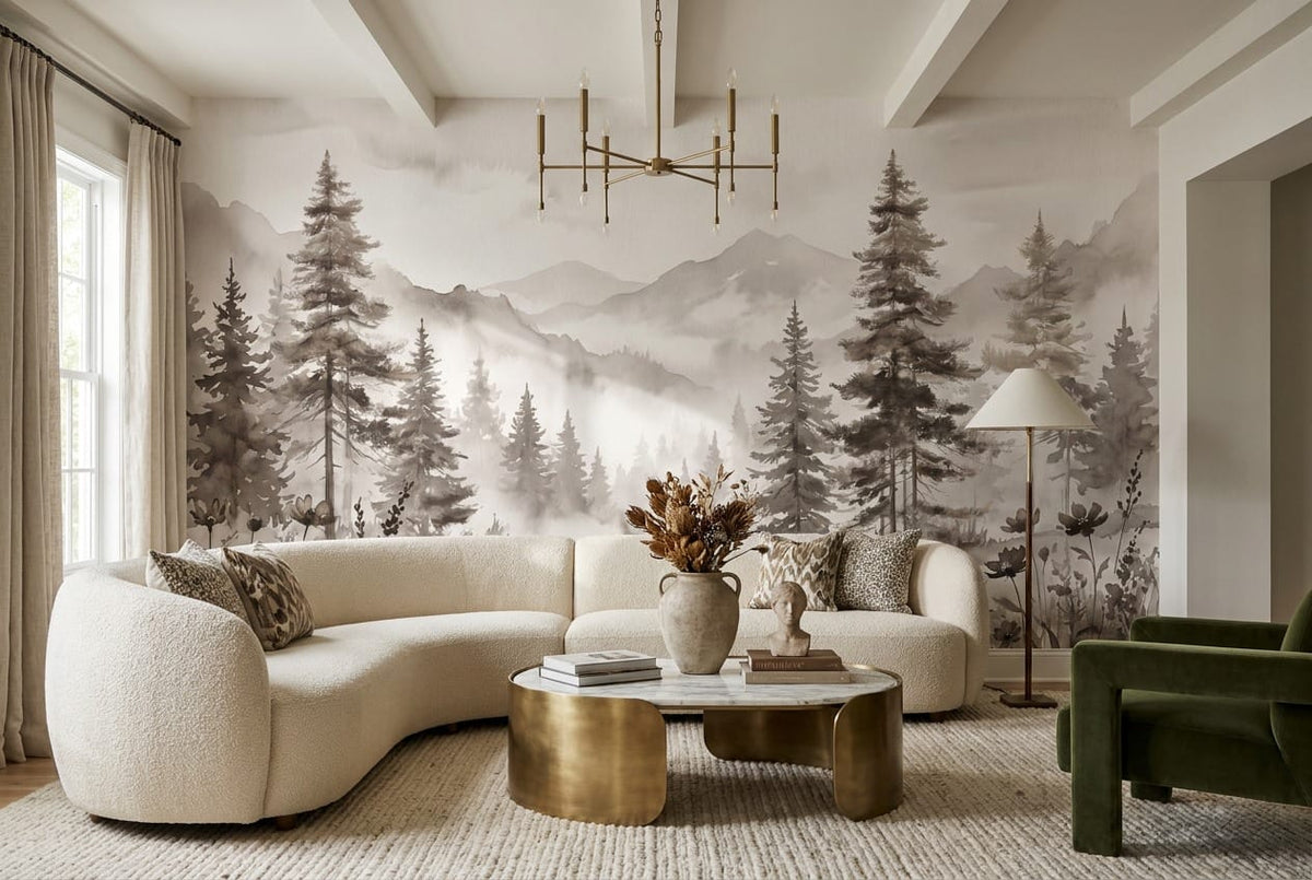 Misty Brown Watercolor Nordic Pine Tree Wallpaper Mural in removable