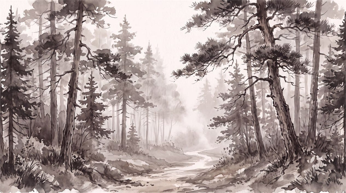 Warm Brown Ink Wash Japanese Pine Tree Wallpaper Mural in removable