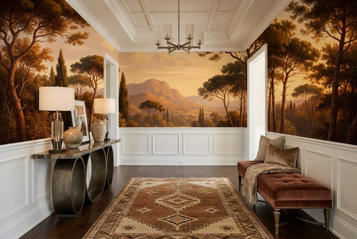Golden Brown Oil Painting Mediterranean Pine Tree Wallpaper Mural in removable
