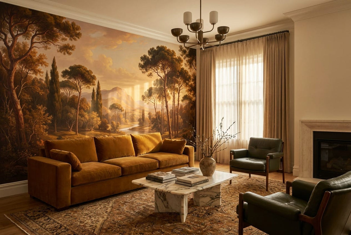 Golden Brown Oil Painting Mediterranean Pine Tree Wallpaper Mural in removable