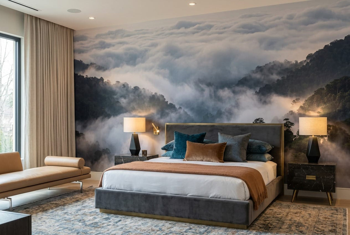 Cool Gray Photographic Mountain Misty Forest Wallpaper Mural scene image