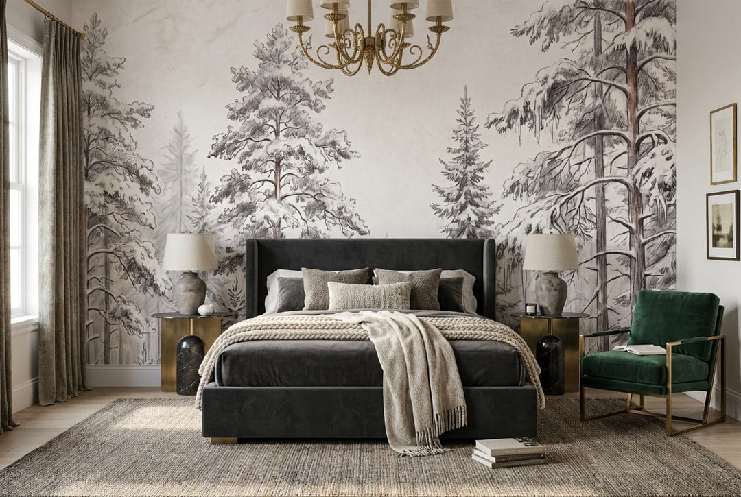 Snowy Gray Pencil Sketch Nordic Pine Tree Wallpaper Mural in removable