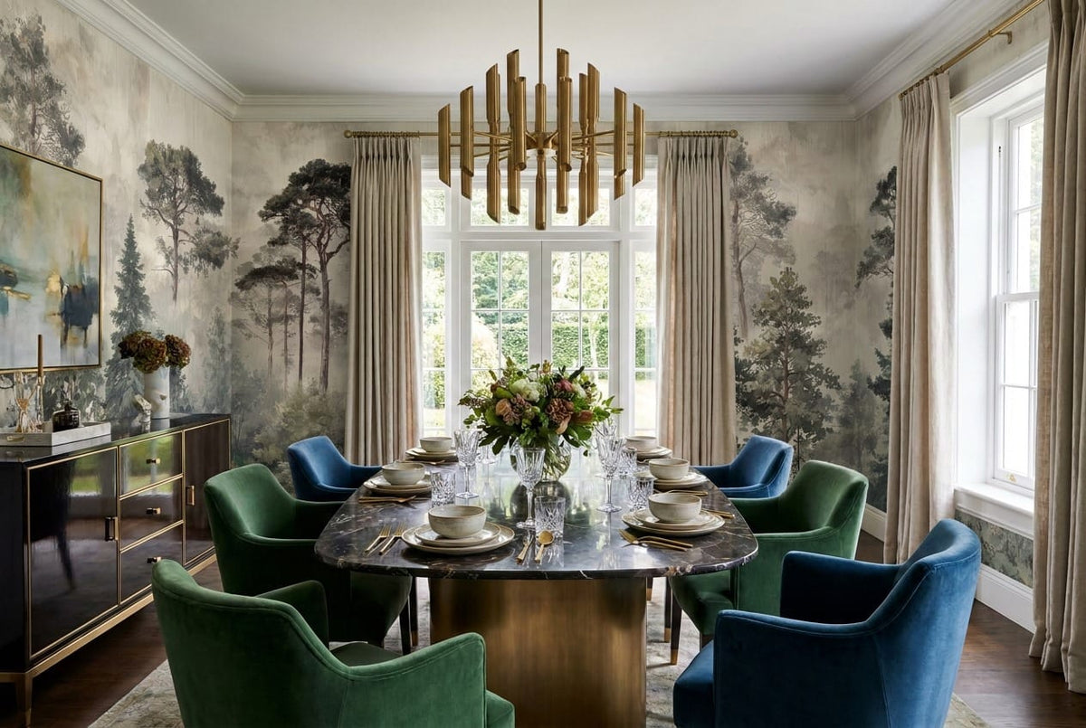 Misty gray pine tree wallpaper mural in a dining room