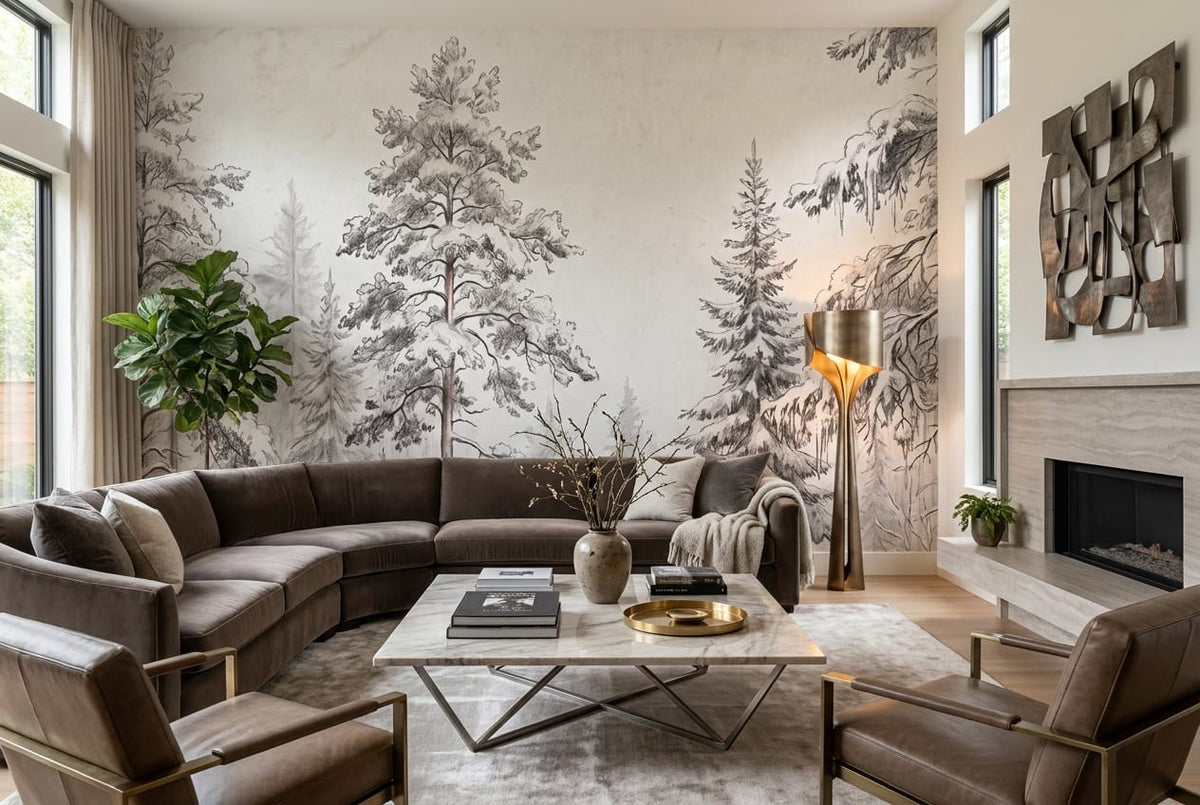 Snowy Gray Pencil Sketch Nordic Pine Tree Wallpaper Mural in removable