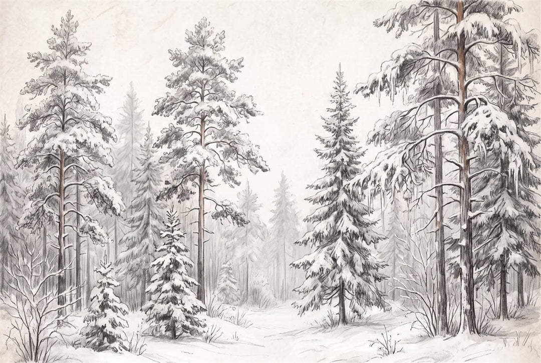 Snowy Gray Pencil Sketch Nordic Pine Tree Wallpaper Mural in removable
