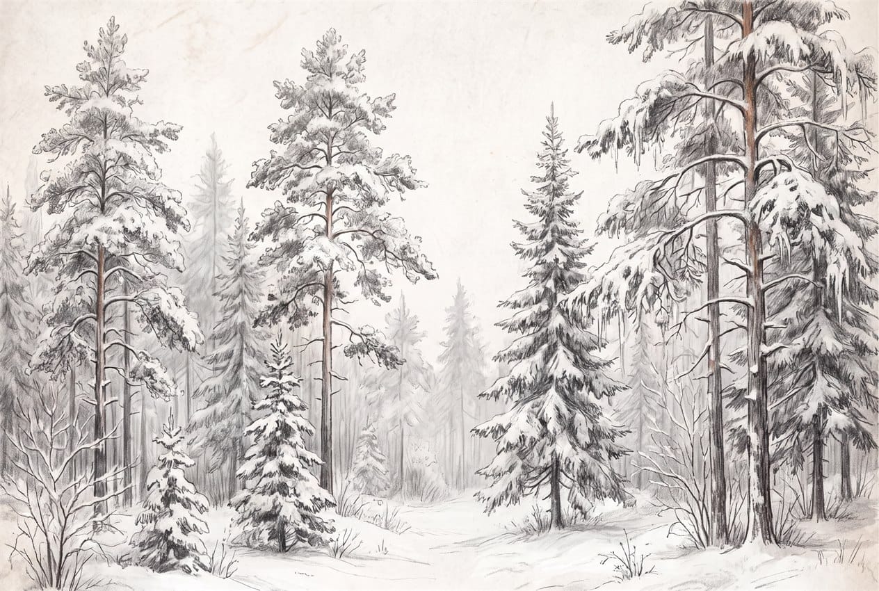 Snowy Gray Pencil Sketch Nordic Pine Tree Wallpaper Mural