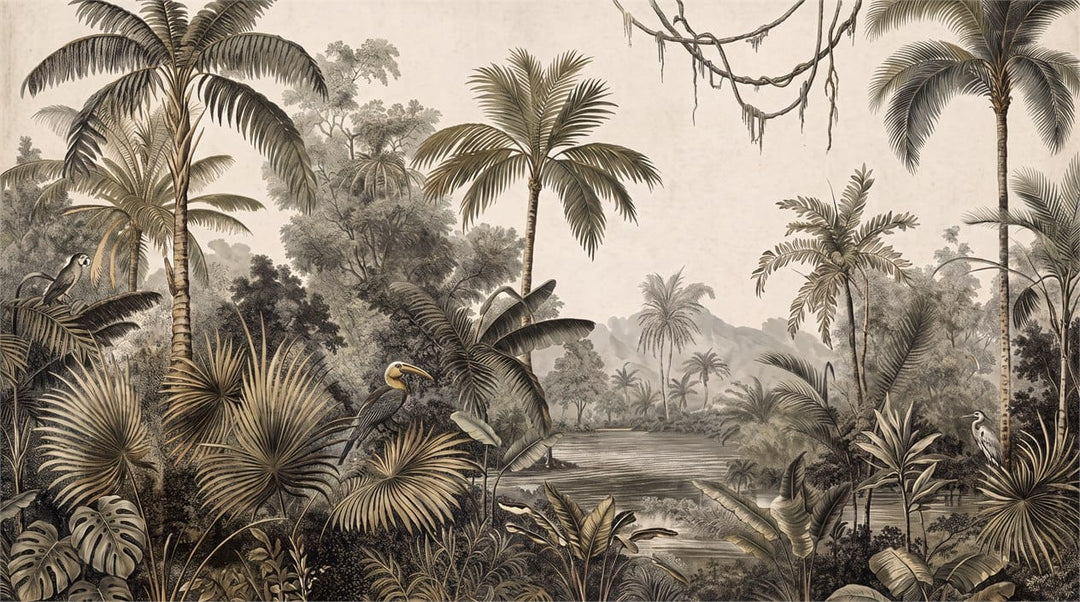 Jade Gray Botanical Tropical Rainforest Wallpaper Mural scene image