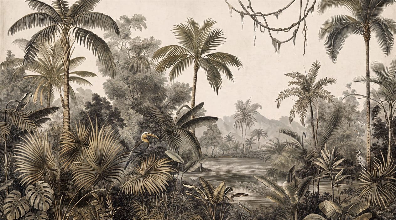 Jade Gray Botanical Tropical Rainforest Wallpaper Mural