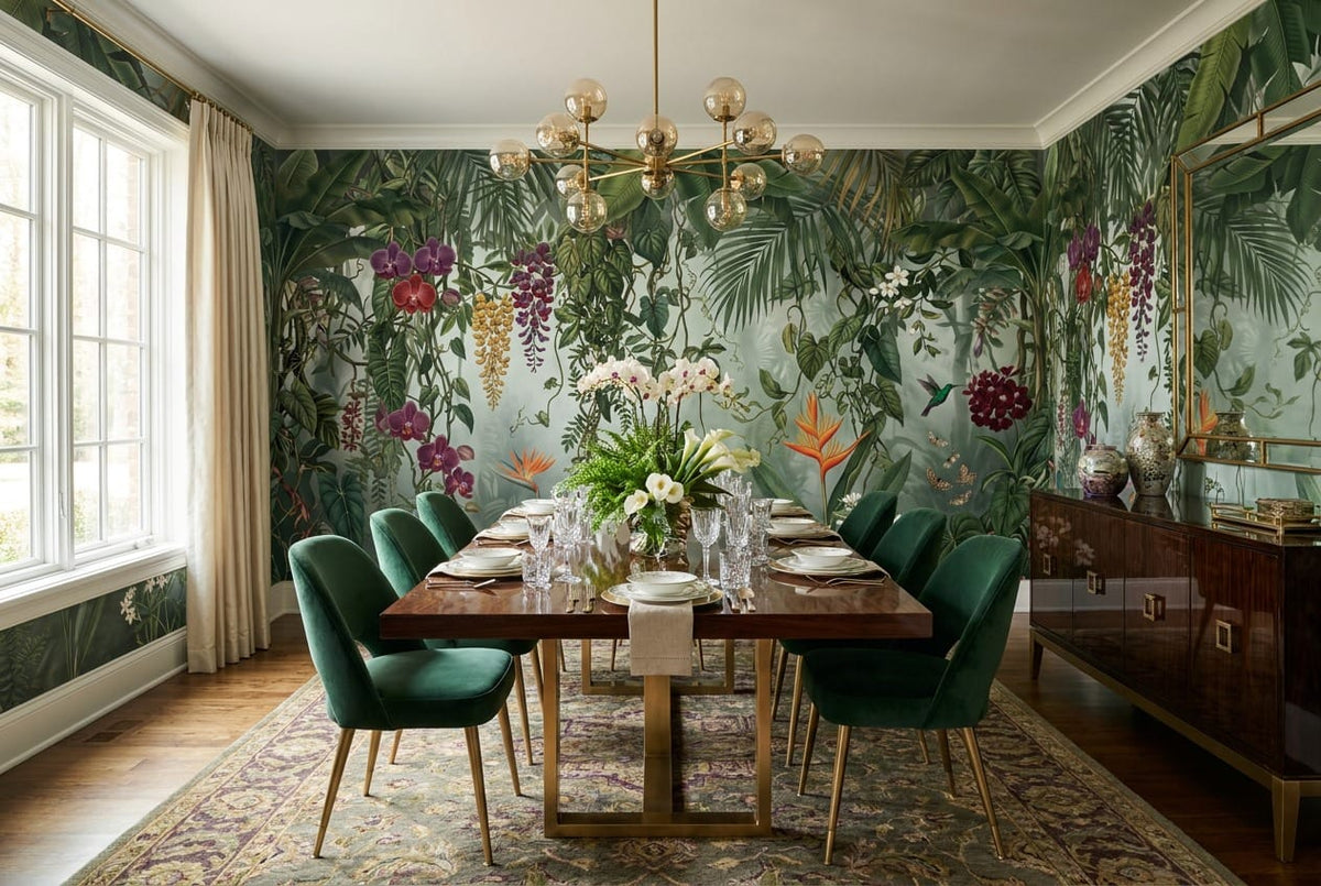 Vibrant Green Botanical Tropical Rainforest Wallpaper Mural scene image