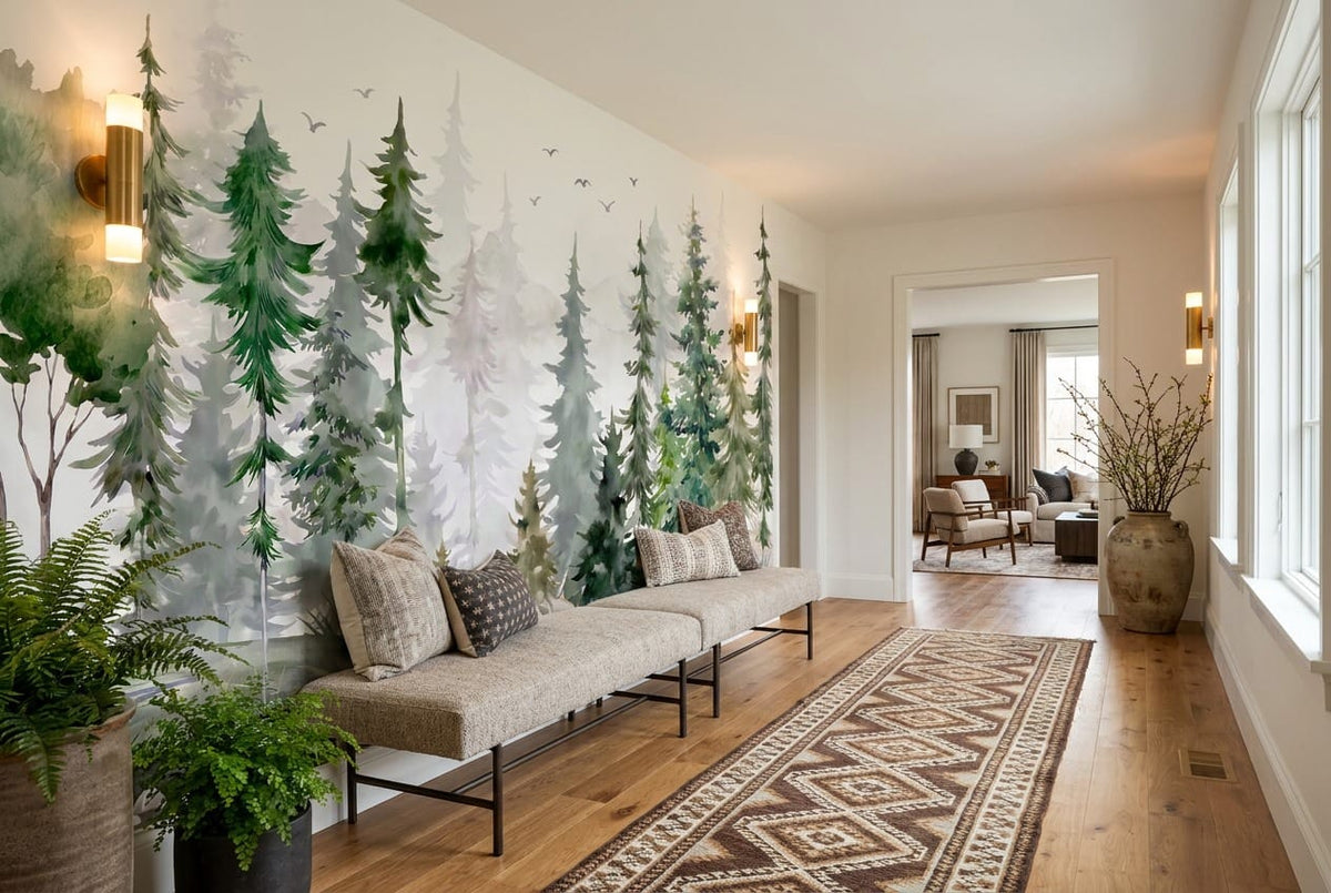 Forest Green Watercolor Nordic Pine Tree Wallpaper Mural in removable