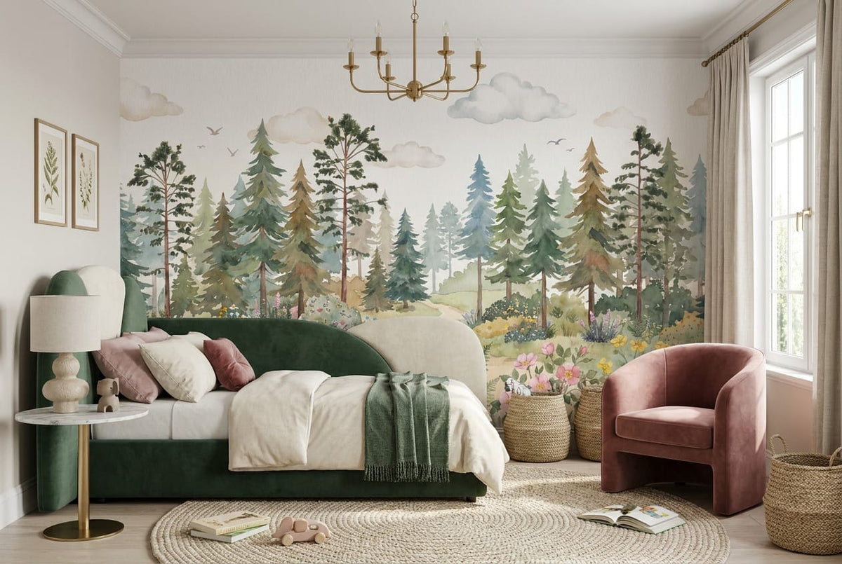 Green pine tree wallpaper mural in a kids room