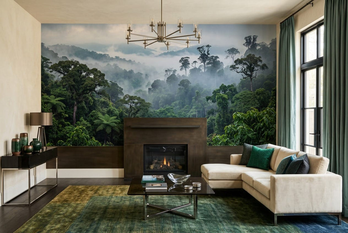 Deep Green Photographic Tropical Misty Forest Wallpaper Mural scene image