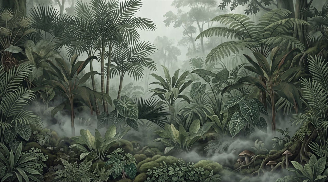 Deep Green Botanical Tropical Misty Forest Wallpaper Mural scene image