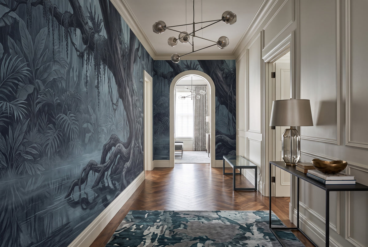 removable hallway dark forest wallpaper mural teal custom stick on non woven vinyl