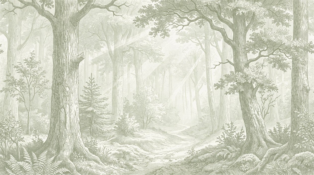 Soft Olive Engraving European Forest Green Wallpaper Mural scene image