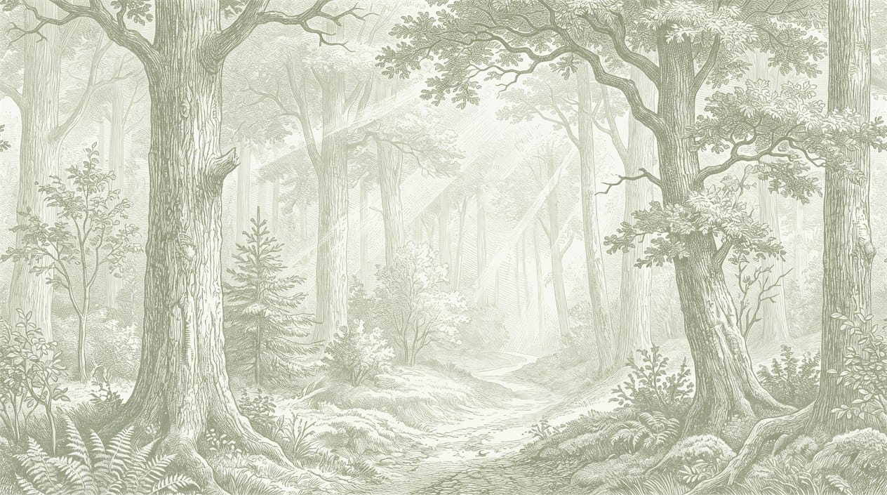 Soft Olive Engraving European Forest Green Wallpaper Mural