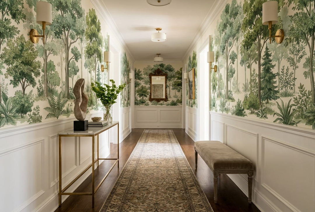 Soft Green Watercolor Nordic Forest Green Wallpaper Mural scene image