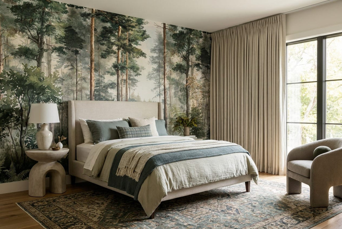 Sage Green Watercolor Nordic Forest Green Wallpaper Mural scene image