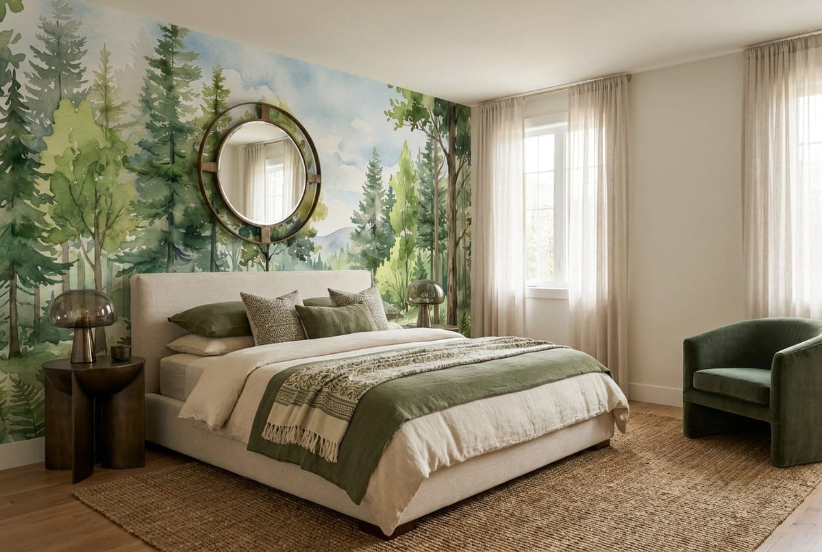 Fresh Green Watercolor Nordic Forest Green Wallpaper Mural scene image