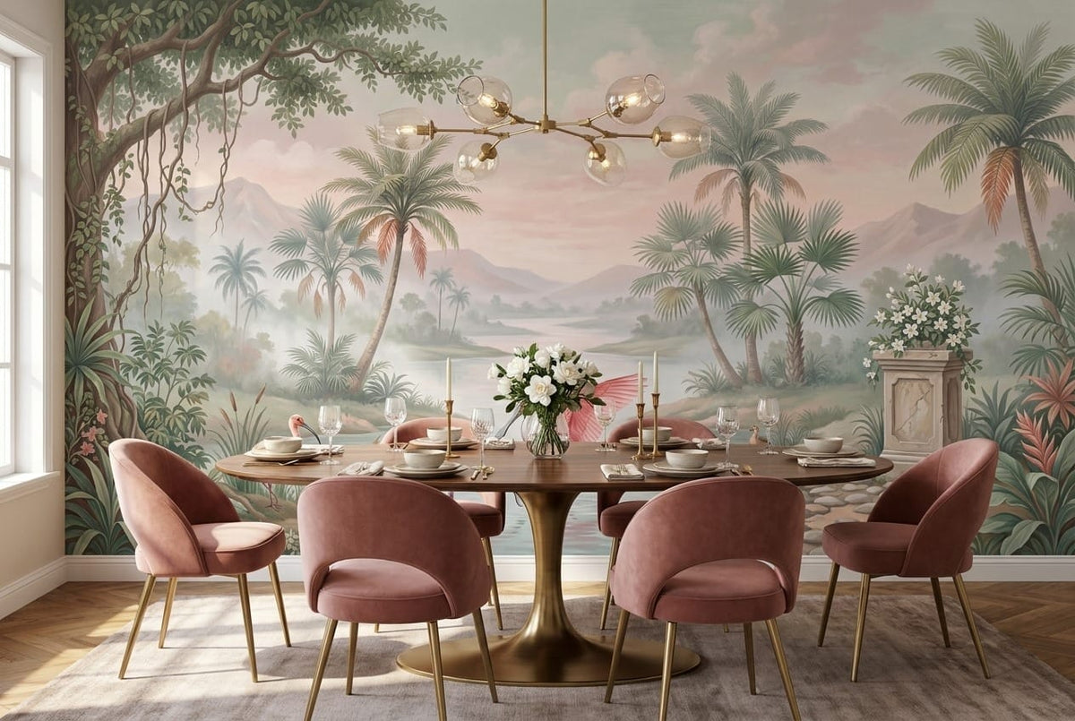 Emerald Pink Botanical Tropical Rainforest Wallpaper Mural scene image