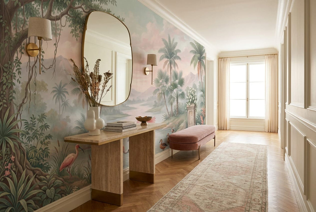 Emerald Pink Botanical Tropical Rainforest Wallpaper Mural scene image