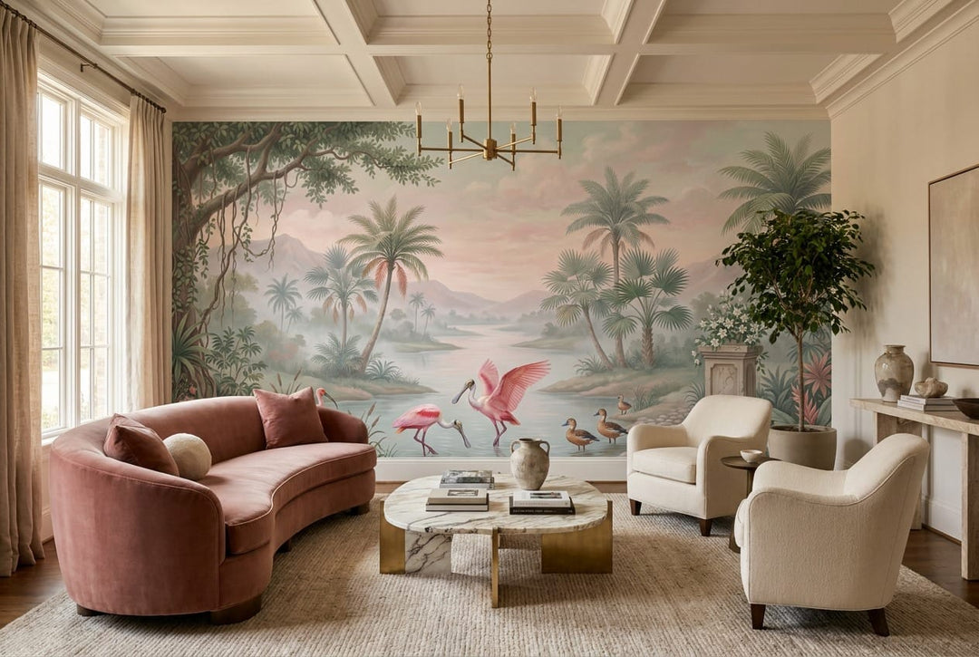 Emerald Pink Botanical Tropical Rainforest Wallpaper Mural scene image
