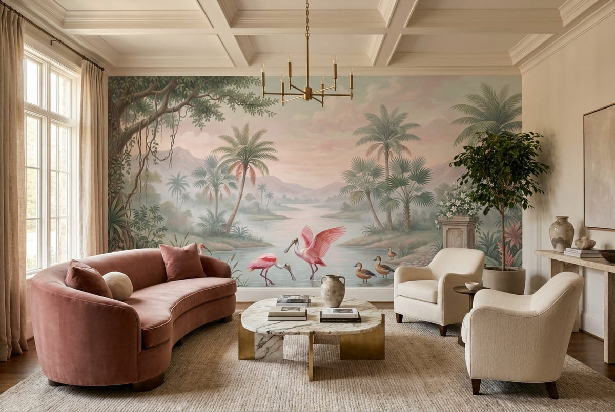 Emerald Pink Botanical Tropical Rainforest Wallpaper Mural scene image