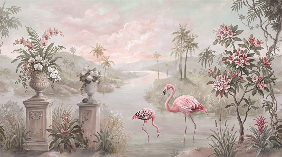 Blush Pink Botanical Tropical Rainforest Wallpaper Mural scene image
