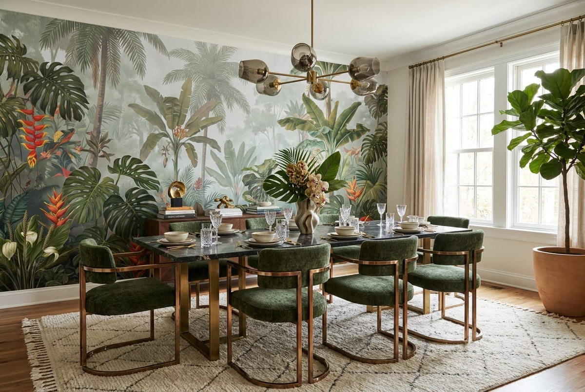 Sage Green Botanical Tropical Rainforest Wallpaper Mural scene image