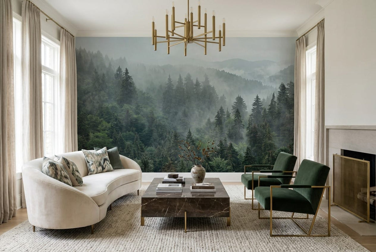 Forest Green Photographic Alpine Misty Forest Wallpaper Mural scene image