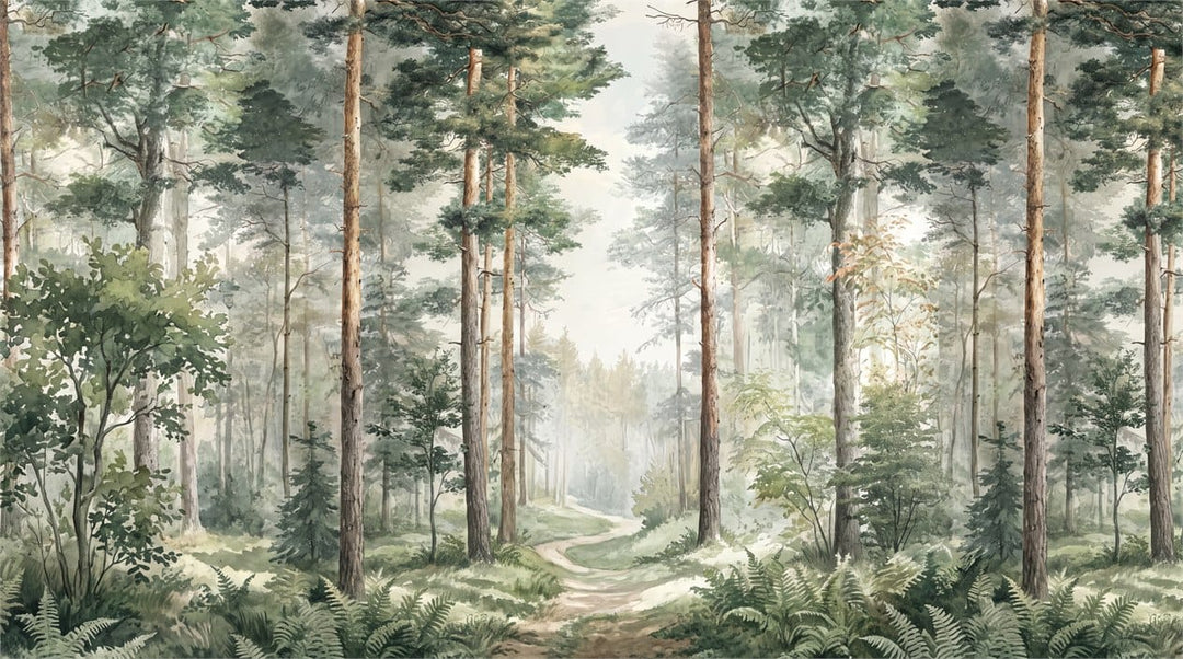 Sage Green Watercolor Nordic Forest Green Wallpaper Mural scene image