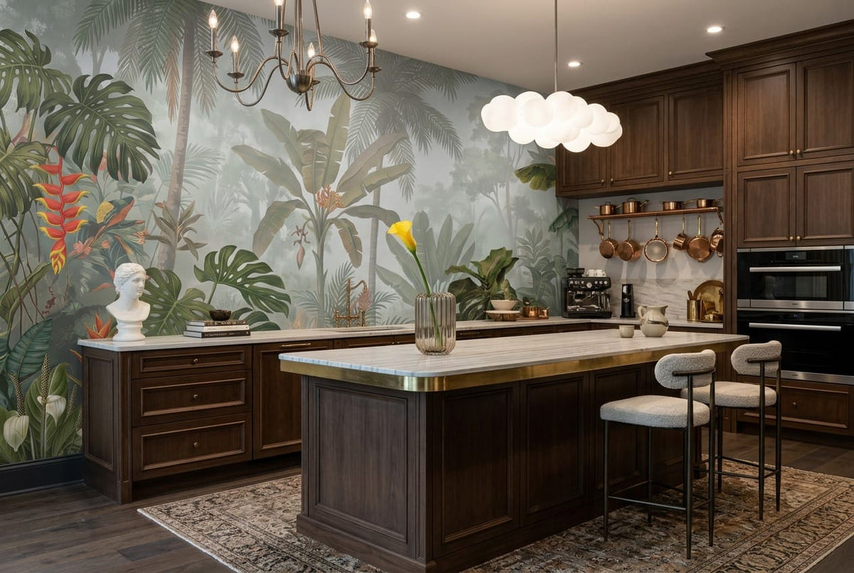 Sage Green Botanical Tropical Rainforest Wallpaper Mural scene image