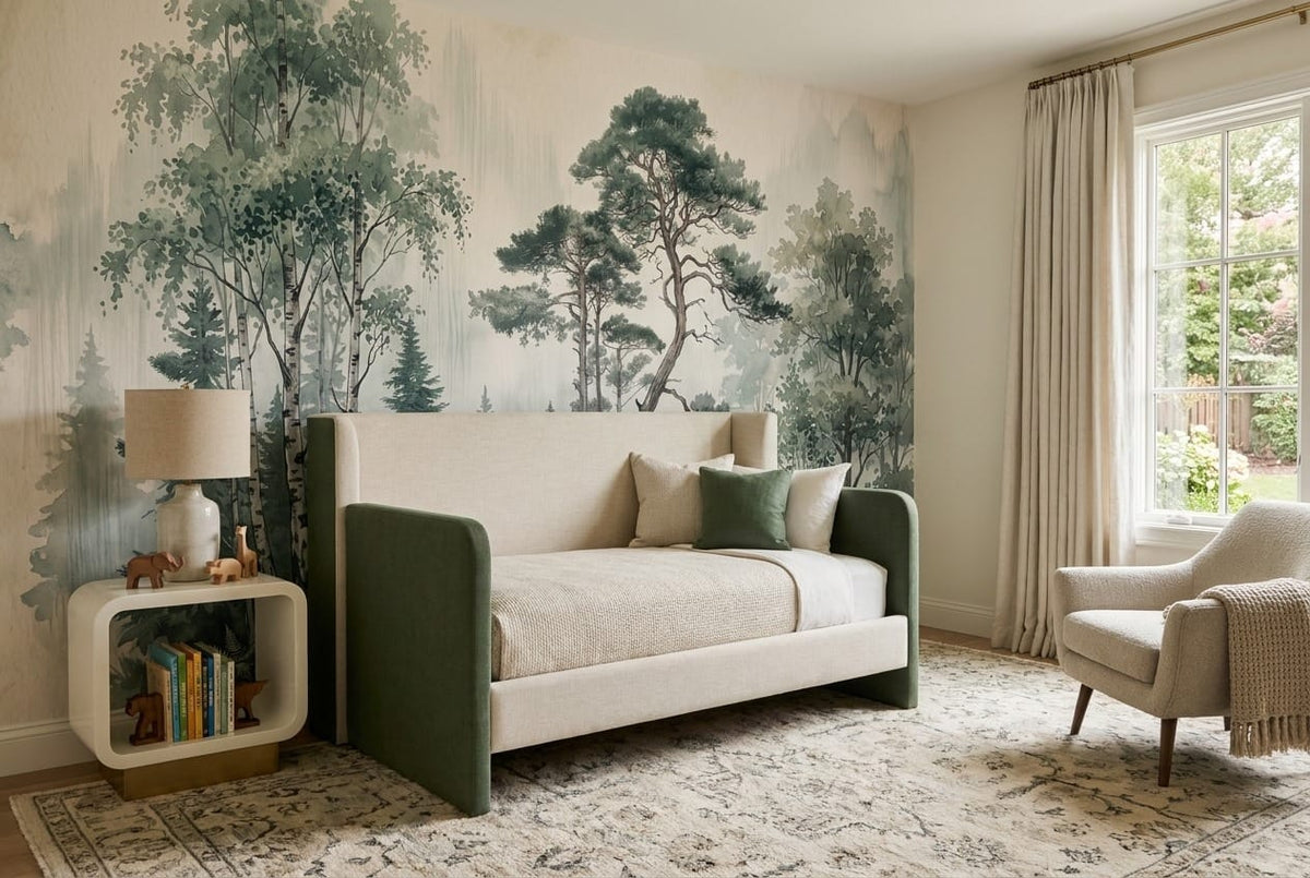 Sage Green Watercolor Nordic Misty Forest Wallpaper Mural scene image