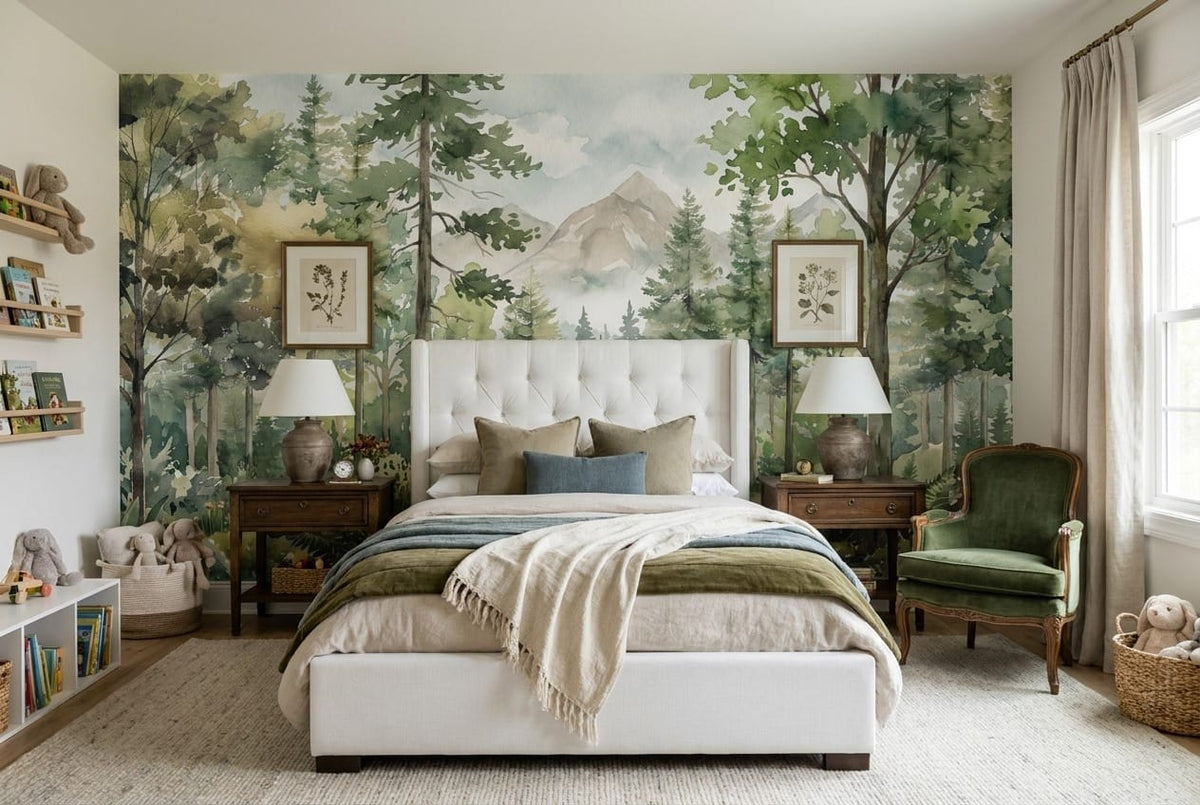 Forest Green Watercolor Alpine Forest Green Wallpaper Mural scene image